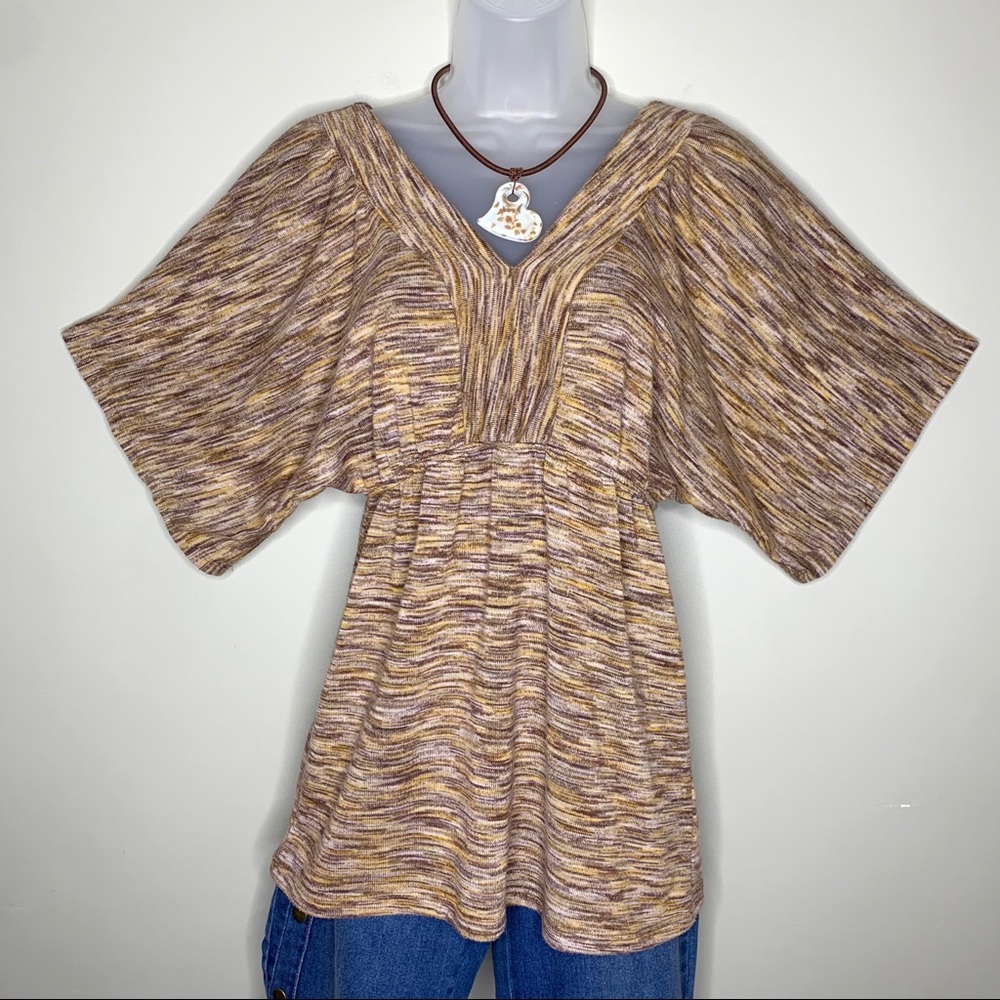 Cato Marled Knit Kimono Sleeve Sweater Top S V-Neck Elastic Waist Flare Boho